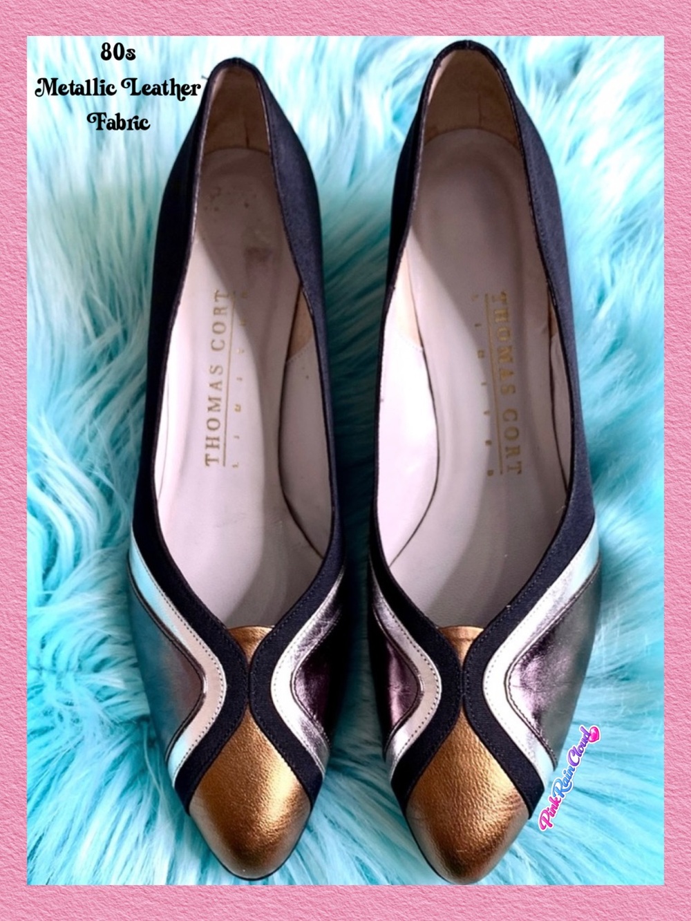 Thomas Cort 80s Metallic Leather Fabric Pointed Toe Kitten Heels Vintage Size 8